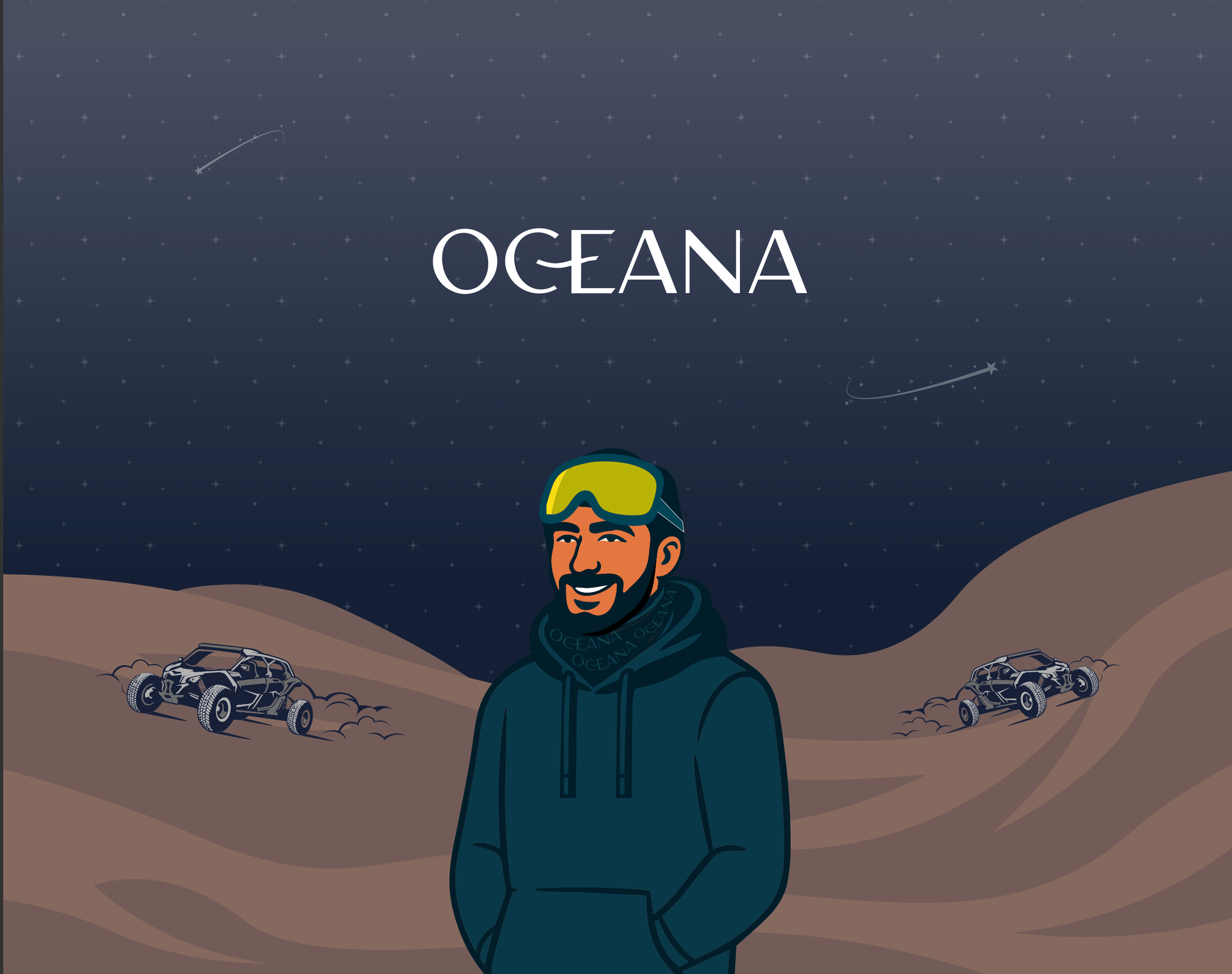 Person in a desert landscape with 'Oceana' branding